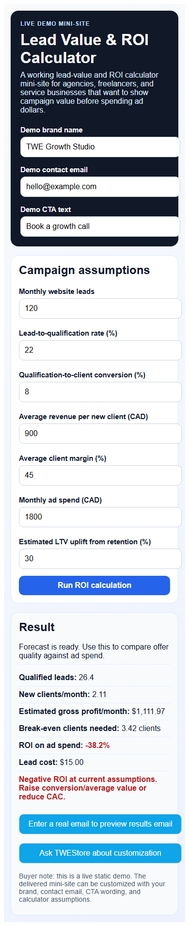 Mobile screenshot of Lead Value & ROI Calculator showing the live output state