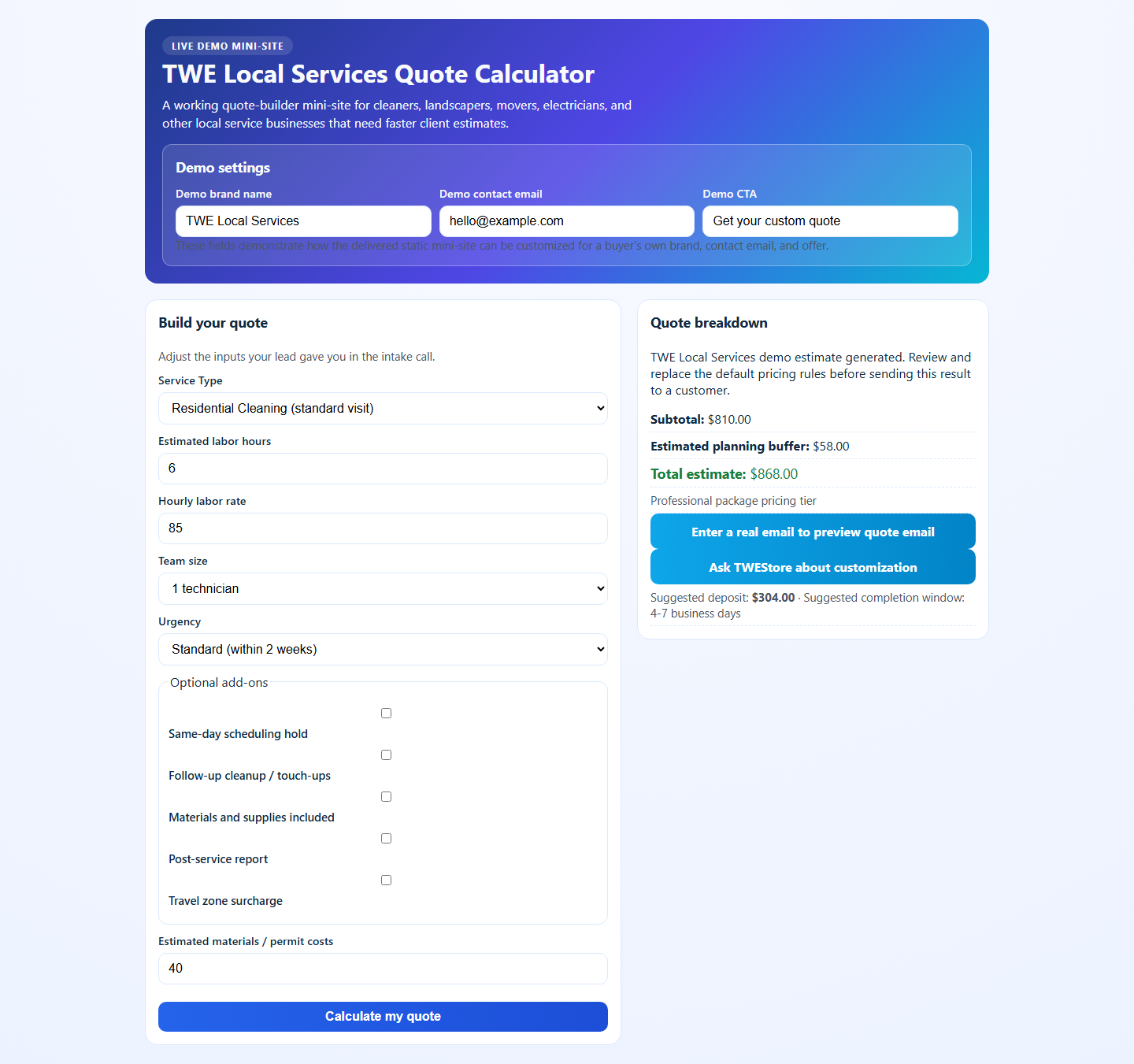 Desktop screenshot of Local Service Quote Calculator showing the live output state