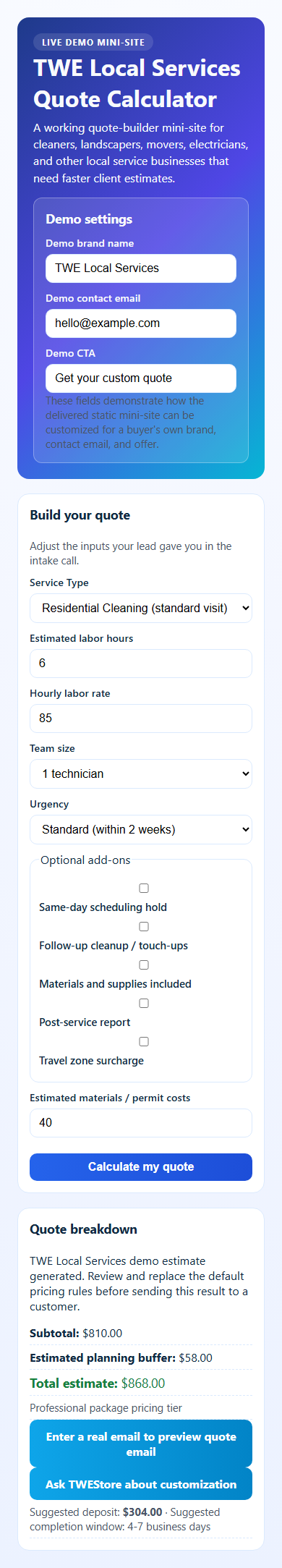 Mobile screenshot of Local Service Quote Calculator showing the live output state
