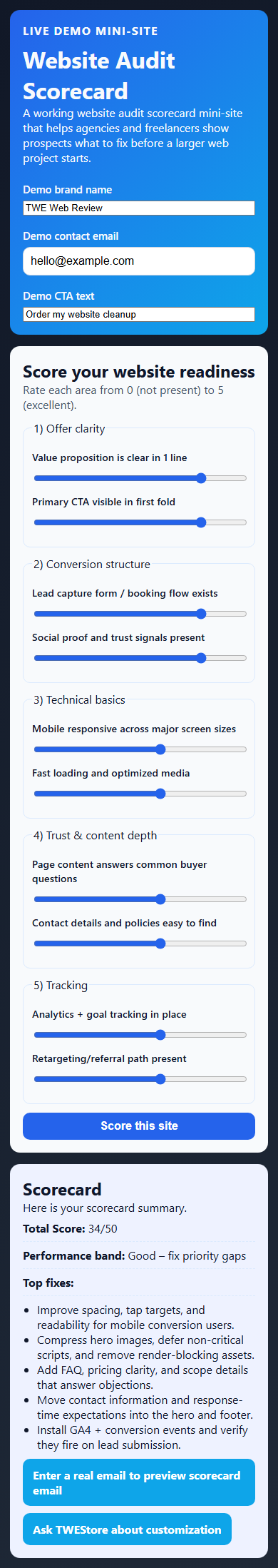Mobile screenshot of Website Audit Scorecard showing the live output state